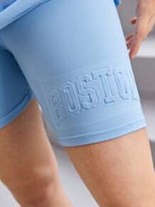 SHEIN Leap Crew Teen Girls Letter Pattern Drop Shoulder Tee & Cycling Shorts - Baby Blue - View 7