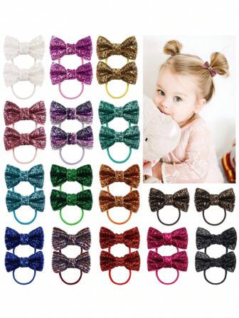 30pcs Girls Bow Decor Glitter Fabric Hair Tie For Daily Use