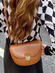 極簡翻蓋馬鞍包金屬裝飾棕色 - 棕色 - 查看 8