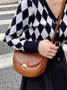 極簡翻蓋馬鞍包金屬裝飾棕色 - 棕色 - 查看 9