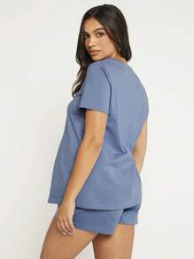 SHEIN Maternity  Solid Tee & Shorts Set - Dusty Blue - View 2