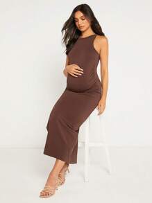 SHEIN Maternity Solid Tank Dress - Chocolate Brown - View 5