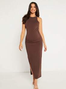 SHEIN Maternity Solid Tank Dress - Chocolate Brown - View 4