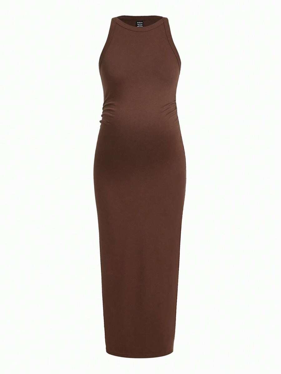 SHEIN Maternity Solid Tank Dress - Chocolate Brown - View 1