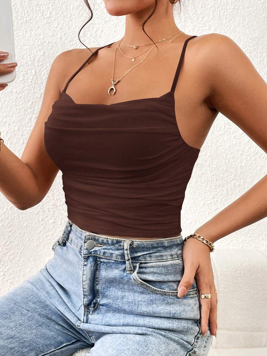 SHEIN Essnce Top de tirantes unicolor fruncido de malla - Café integral - Ver 1