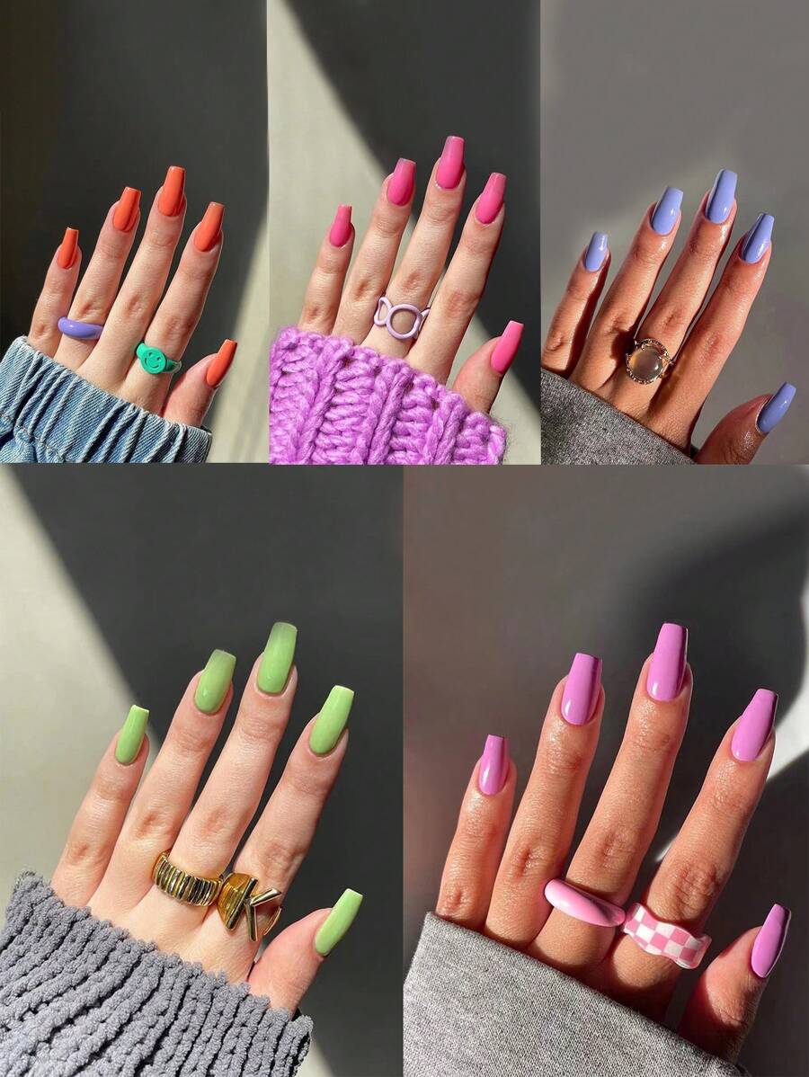 24pcs Short Coffin Solid Fake Nail & 1sheet Tape & 1pc Nail File Press On Nails Nail Supplies - Red - View 1