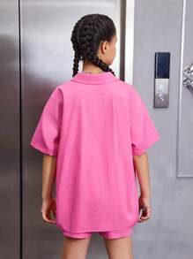 SHEIN Leap Crew 青少年女孩字母貼布落肩袖襯衫和短褲不附吊帶上衣