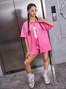 SHEIN Leap Crew 青少年女孩字母貼布落肩袖襯衫和短褲不附吊帶上衣