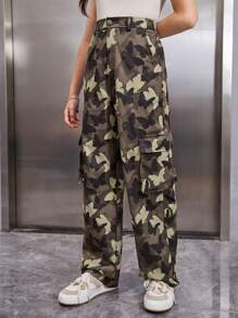 SHEIN Quần con gái Nút Túi Dây kéo Ngụy trang Giải trí - Nhiều màu - Xem 4