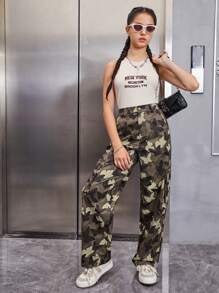 SHEIN Quần con gái Nút Túi Dây kéo Ngụy trang Giải trí - Nhiều màu - Xem 5