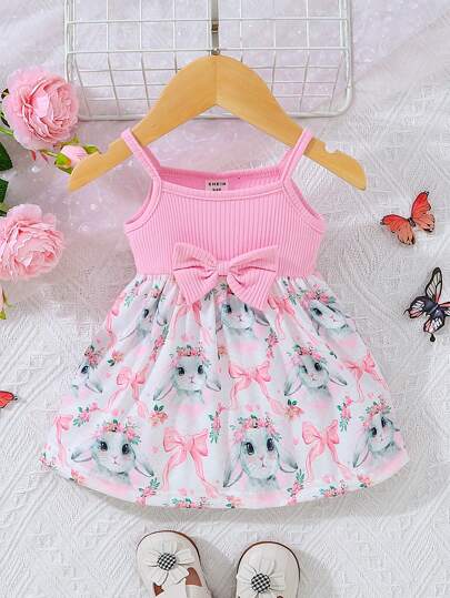 SHEIN Baby Girl Floral Print Bow Front Cami Dress