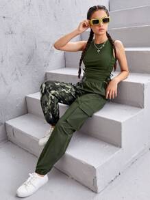SHEIN NovaGlow Teen Girl Teen Girls Solid Tank Top & Camo Print Flap Pocket Pants - Multicolor - View 1