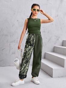 SHEIN NovaGlow Teen Girl Teen Girls Solid Tank Top & Camo Print Flap Pocket Pants - Multicolor - View 4