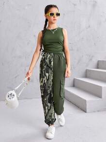 SHEIN NovaGlow Teen Girl Teen Girls Solid Tank Top & Camo Print Flap Pocket Pants - Multicolor - View 5