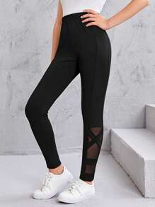 SHEIN Teen Girls Mesh Insert Leggings - Black - View 1