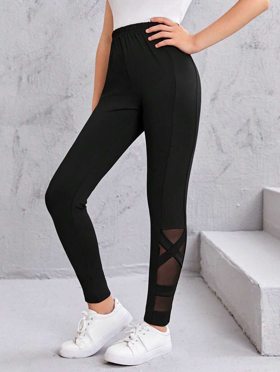 SHEIN Teen Girls Mesh Insert Leggings - Black - View 1