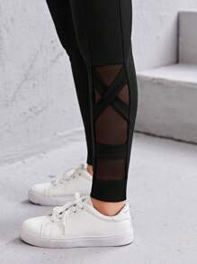 SHEIN Teen Girls Mesh Insert Leggings - Black - View 3