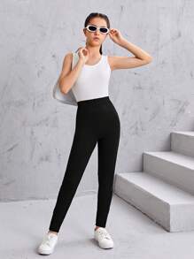SHEIN Teen Girls Mesh Insert Leggings - Black - View 5