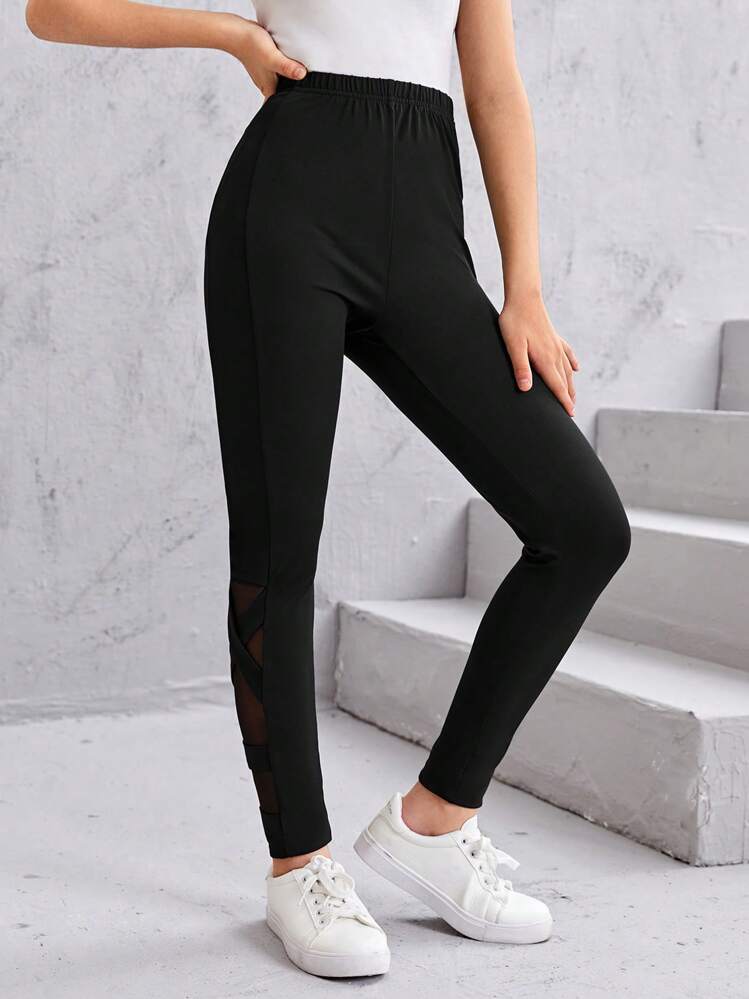 SHEIN Teen Girls Mesh Insert Leggings - Black - View 6