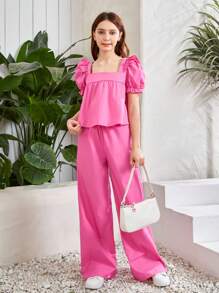 SHEIN Bộ hai mảnh Gái viền lá sen Xù Viên lá sen Dây kéo màu trơn Dễ thương - Hồng - Xem 3