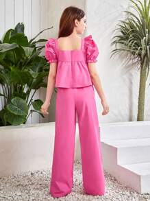 SHEIN Bộ hai mảnh Gái viền lá sen Xù Viên lá sen Dây kéo màu trơn Dễ thương - Hồng - Xem 2