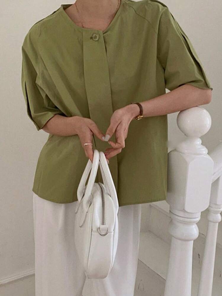 Solid Button Front Raglan Sleeve Blouse - Olive Green - View 3