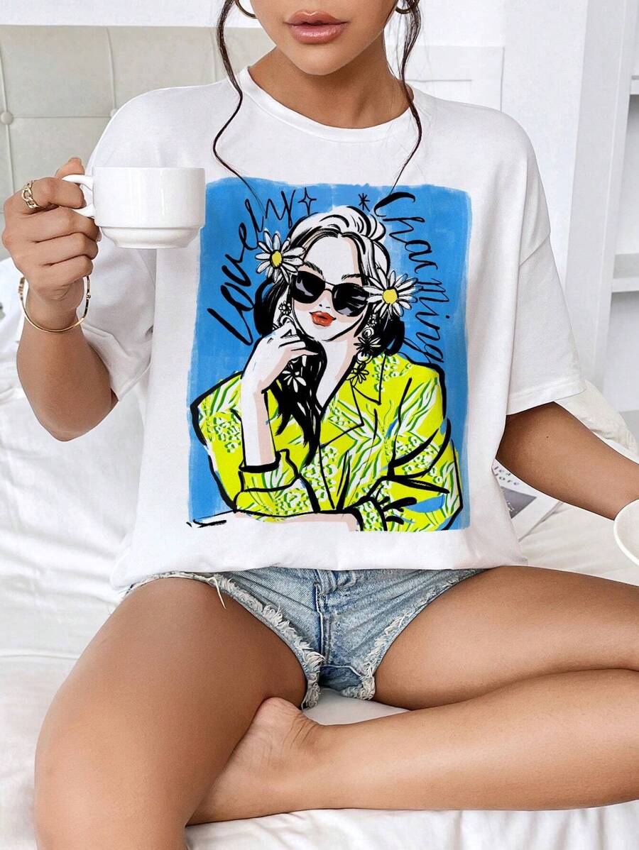 SHEIN Essnce 休闲美式图案印花超大圆领短袖 T 恤女士夏季男女通用 - 白色 - 查看 1