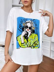 SHEIN Essnce 休闲美式图案印花超大圆领短袖 T 恤女士夏季男女通用 - 白色 - 查看 4