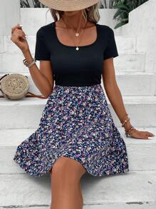 SHEIN LUNE 碎花大圓領洋裝 - 藏蓝色 - 查看 4