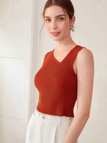 MOTF PREMIUM RIBBED VISCOSE-BLEND CROP KNIT TOP - Rust Brown - View 4