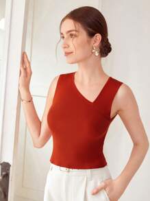 MOTF PREMIUM RIBBED VISCOSE-BLEND CROP KNIT TOP - Rust Brown - View 9