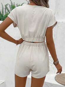 SHEIN Frenchy Twist Front Batwing Sleeve Top & Tie Front Shorts Summer Casual - Apricot - View 2