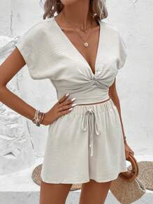 SHEIN Frenchy Twist Front Batwing Sleeve Top & Tie Front Shorts Summer Casual - Apricot - View 3