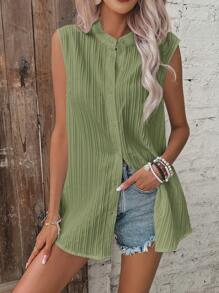 SHEIN Frenchy 素色後背開衩無袖襯衫 - 青檸色 - 查看 4