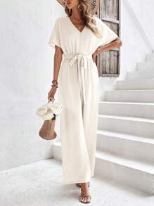 SHEIN Frenchy Áo liền quần nữ Thắt nút Trọn gói màu trơn Giải trí - Màu be - Xem 4