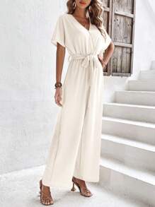 SHEIN Frenchy Áo liền quần nữ Thắt nút Trọn gói màu trơn Giải trí - Màu be - Xem 5