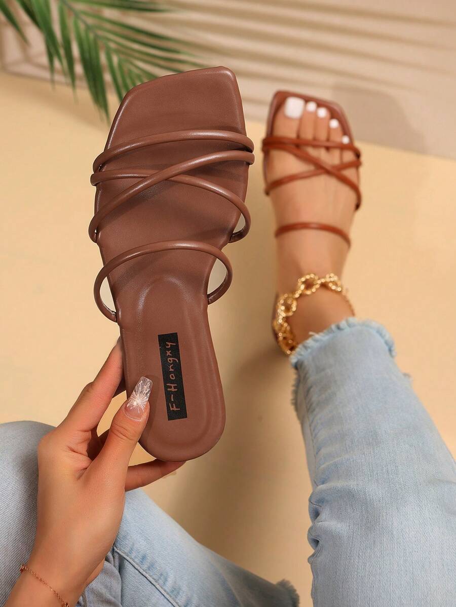 Elegant Slide Sandals For Women, Brown Multi Strap Flat Sandals,Spring Summer Outfits