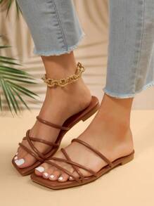 Elegant Slide Sandals For Women, Brown Multi Strap Flat Sandals,Spring Summer Outfits - Brown - View 5