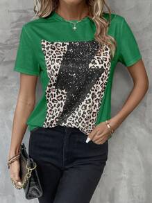 SHEIN LUNE Leopard Print Round Neck Tee - Green - View 1