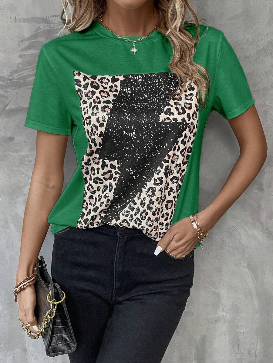 SHEIN LUNE Leopard Print Round Neck Tee - Green - View 1
