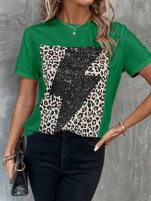 SHEIN LUNE Leopard Print Round Neck Tee - Green - View 4