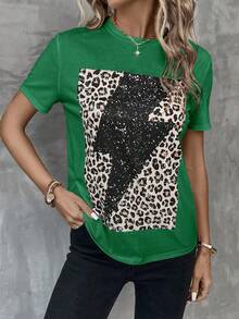 SHEIN LUNE Leopard Print Round Neck Tee - Green - View 6