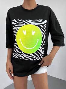 Cottnline Camiseta de hombros caídos con estampado de cara de dibujos animados - Negro - Ver 1