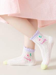 5雙女孩花和蝴蝶結圖案透氣短襪適用於日常生活 - 彩色 - 查看 4