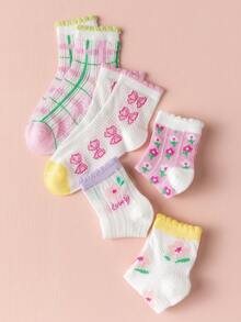 5雙女孩花和蝴蝶結圖案透氣短襪適用於日常生活 - 彩色 - 查看 6