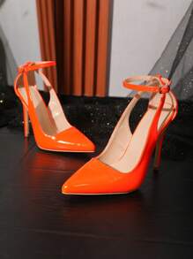 Women Point Toe Stiletto Heeled Ankle Strap Pumps, Funky Neon Orange Pumps - Orange - View 3