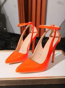 Women Point Toe Stiletto Heeled Ankle Strap Pumps, Funky Neon Orange Pumps - Orange - View 4