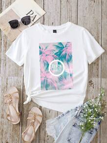 SHEIN LUNE Áo thun nữ Lá thư Nhiệt đới Giải trí - trắng - Xem 1