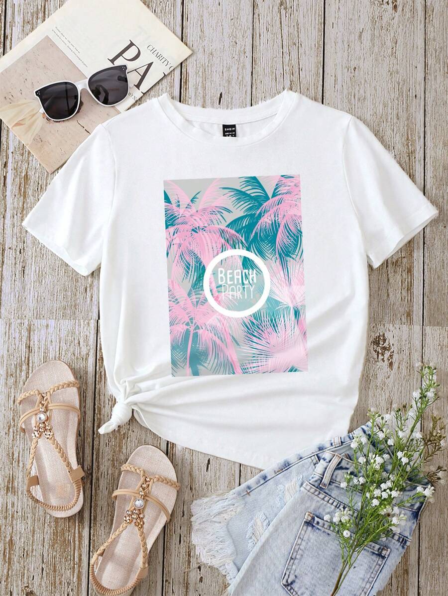 SHEIN LUNE Áo thun nữ Lá thư Nhiệt đới Giải trí - trắng - Xem 1