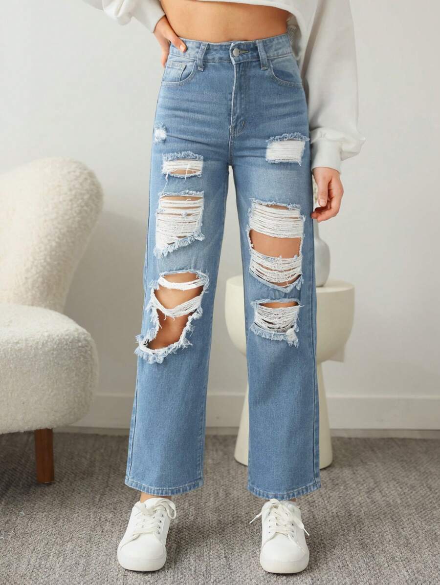 SHEIN Solid Color Casual Teenage Girls' Straight Leg Jeans With Distressed Holes, Spring/Summer - Light Wash - View 1